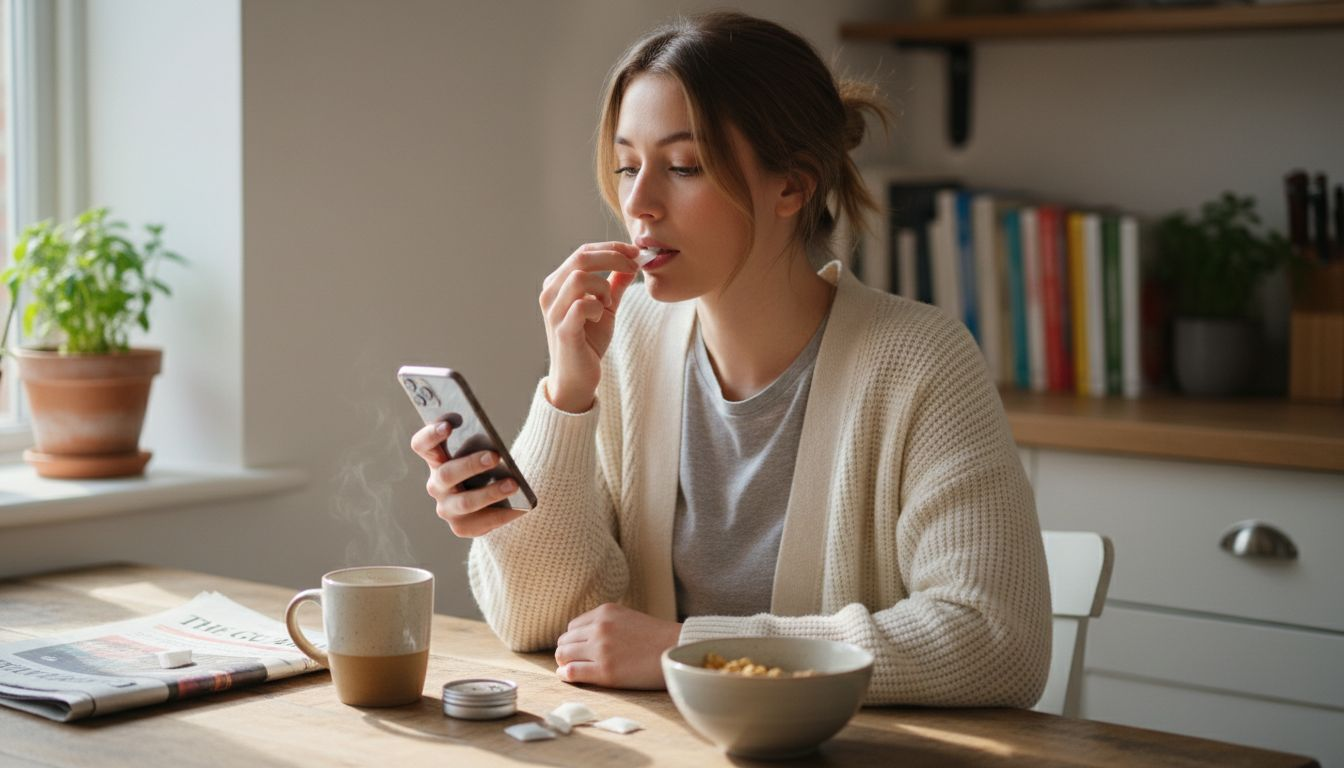 Woman using nicotine pouch at home