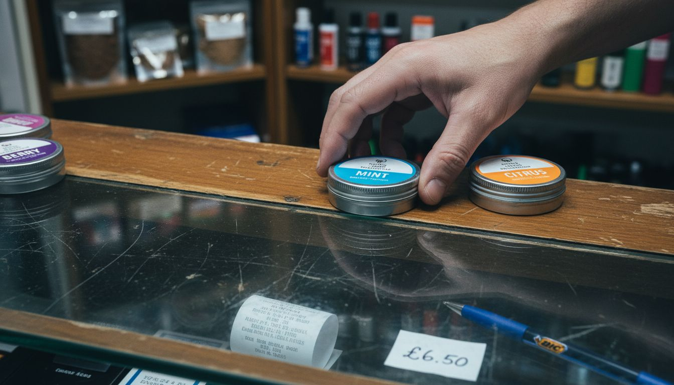 Close-up of nicotine pouch brands on counter