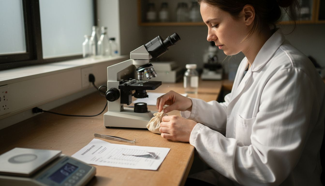 Lab technician analyzing pouch contents