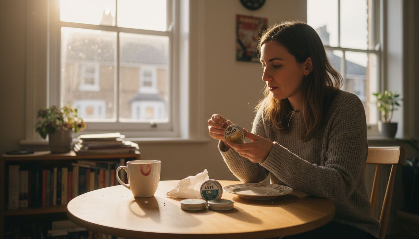 Choosing nicotine pouch flavors at kitchen table