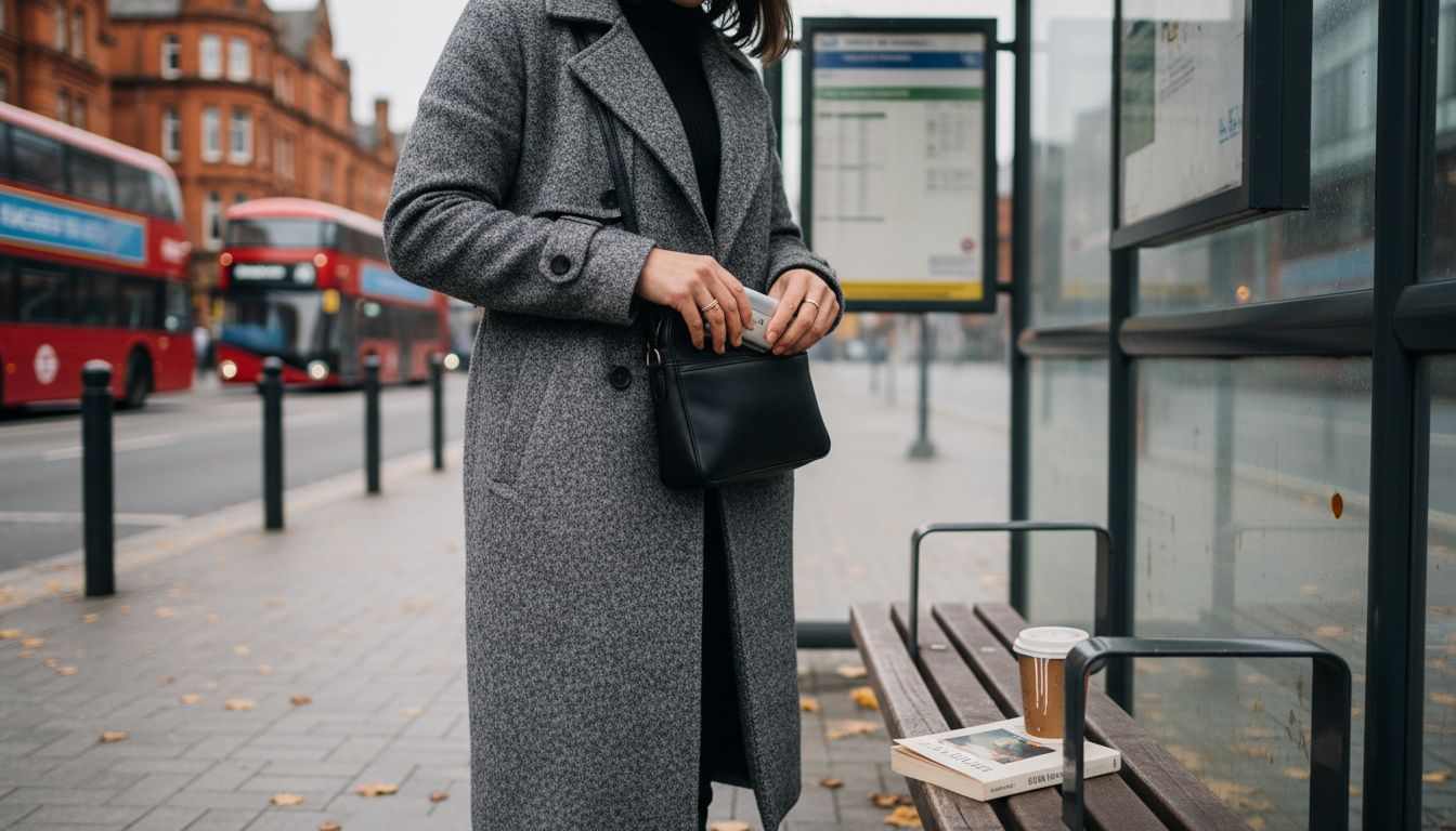Woman storing slim nicotine pouch at bus stop