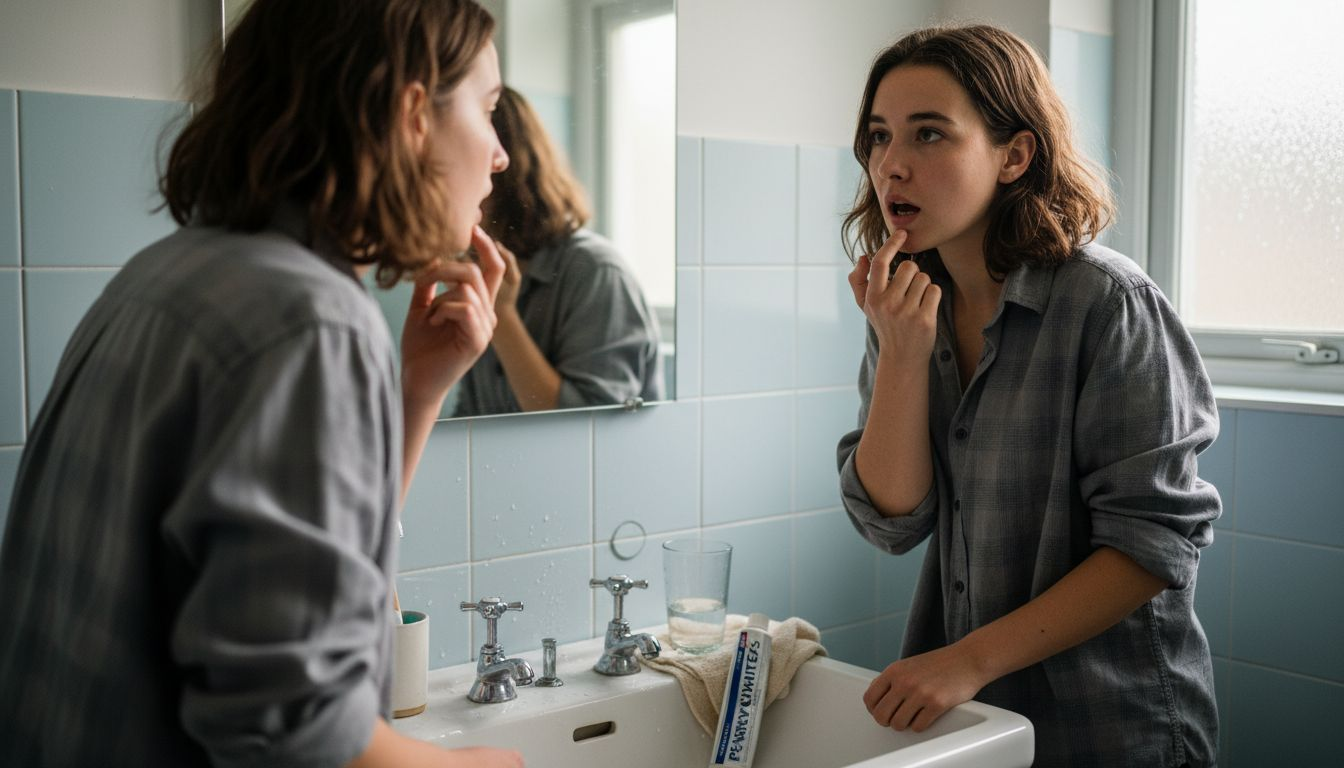 Woman examines gums in bathroom mirror preparing