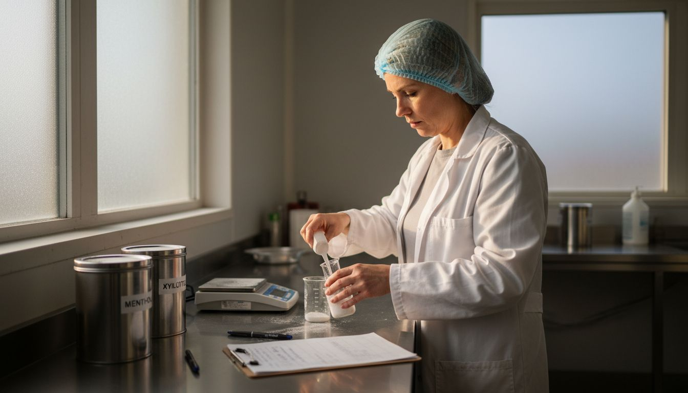 Scientist measures pouch ingredients on scale