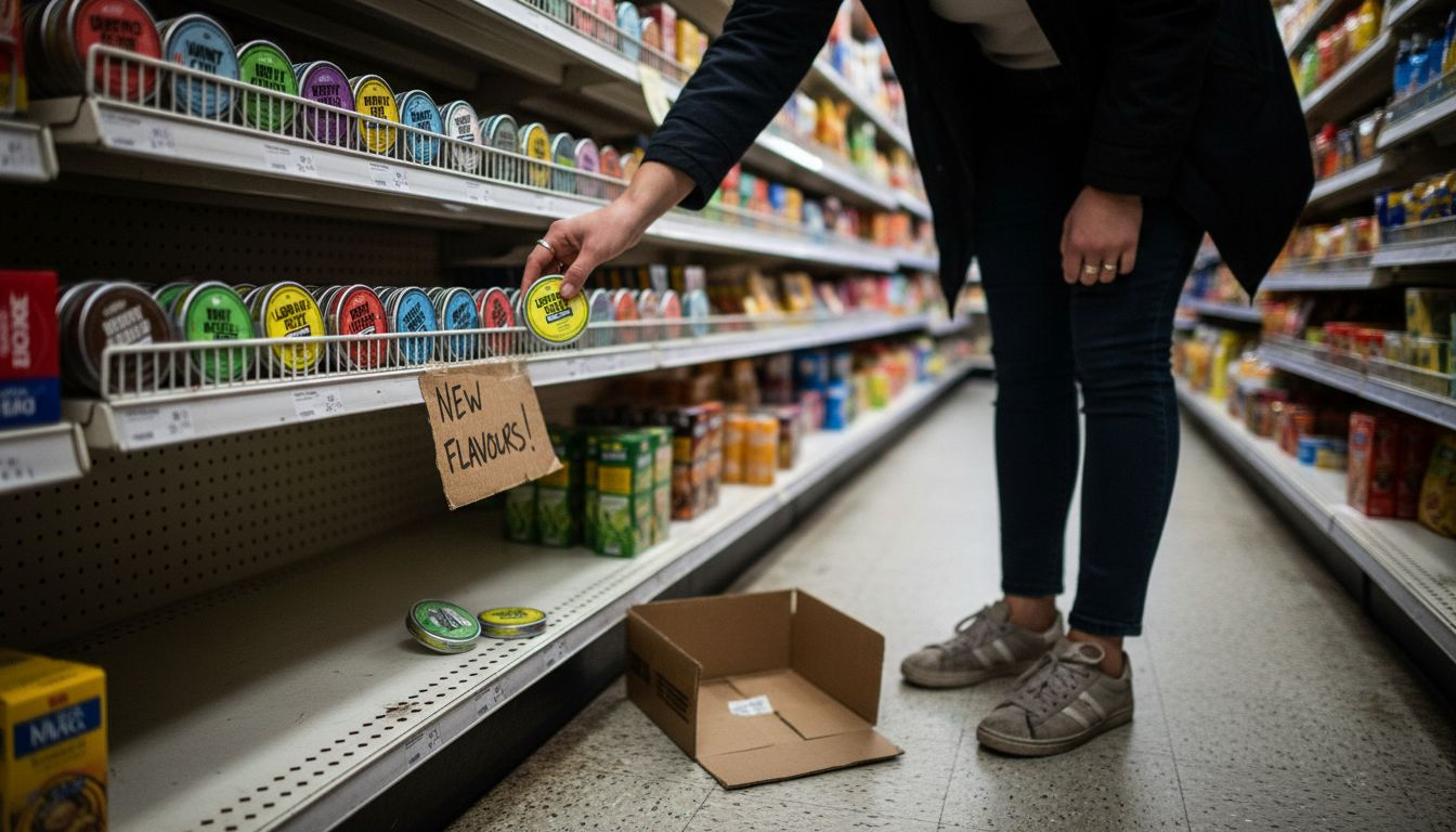 Woman choosing flavored nicotine pouch tin
