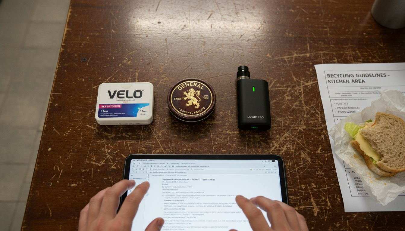 Nicotine pouches, snus, and vape on table