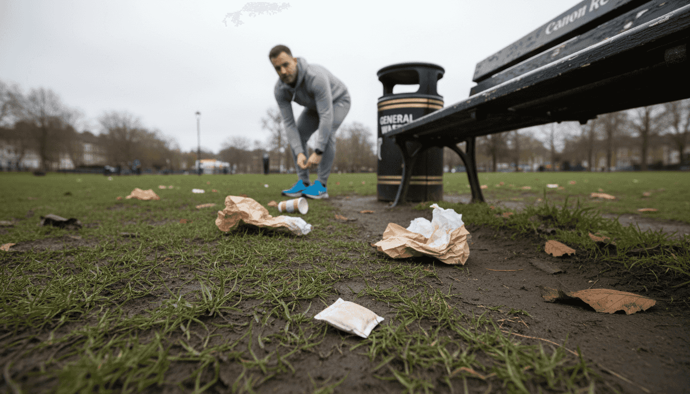 Nicotine pouch littered near park bench in UK