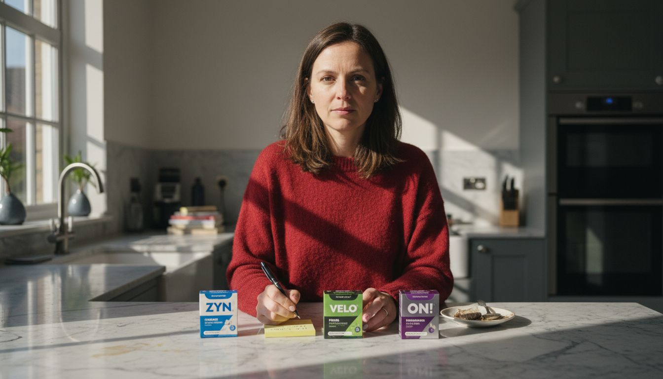 Woman comparing different nicotine pouch brands