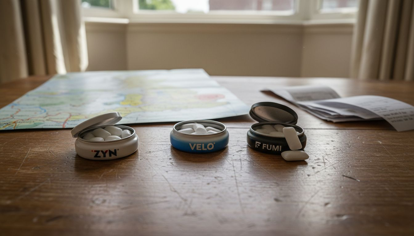Nicotine pouch brands side by side on coffee table