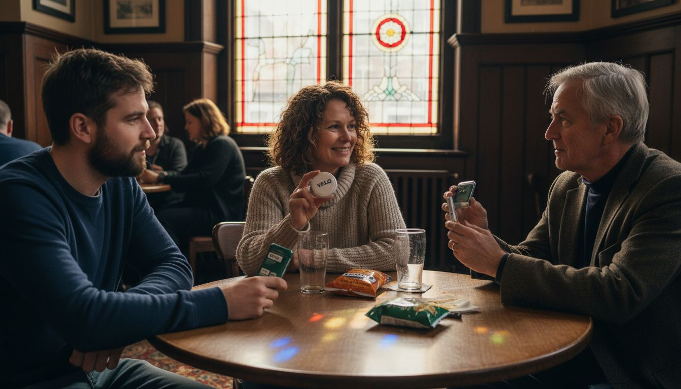 Adults comparing nicotine pouch containers in pub
