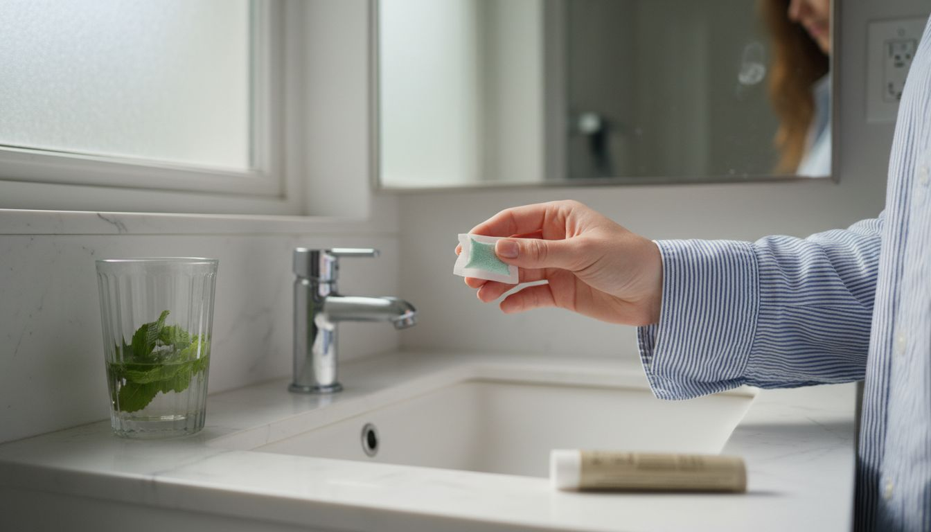 Close view of hand holding mint nicotine pouch