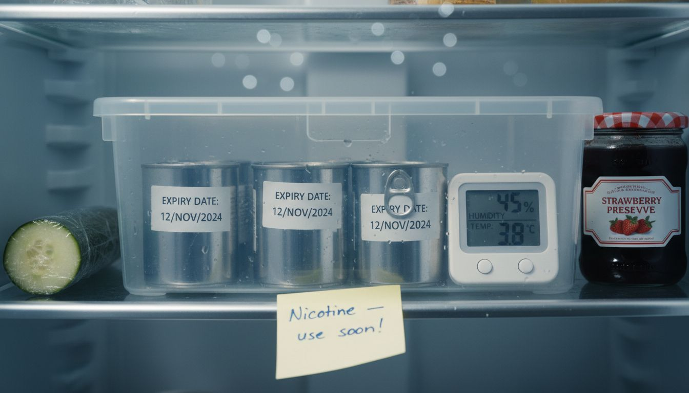 Nicotine pouches stored in fridge next to hygrometer