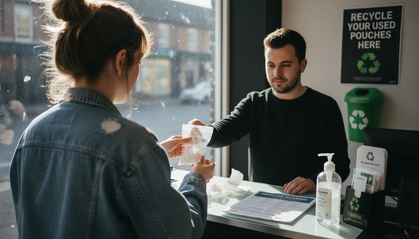 Woman recycling nicotine pouches at vape shop