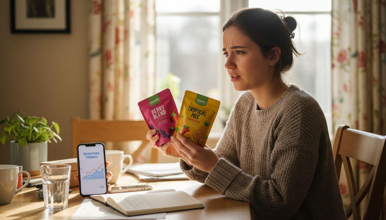 Woman comparing berry and tropical nicotine pouches