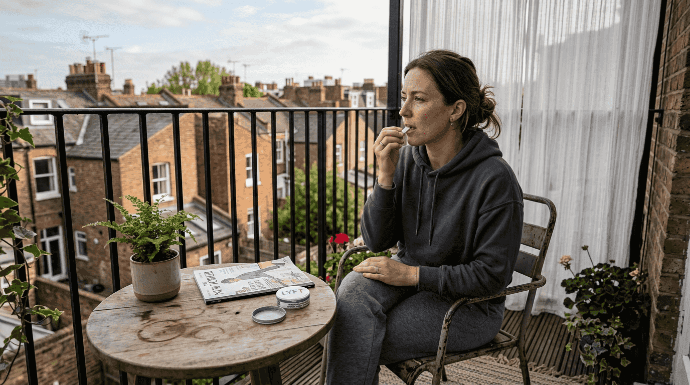 Woman placing nicotine pouch on city balcony