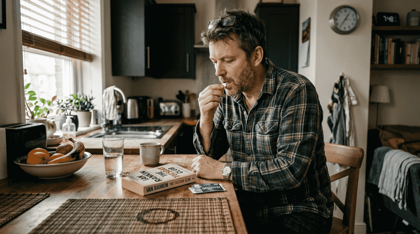 Man placing nicotine lozenge in mouth