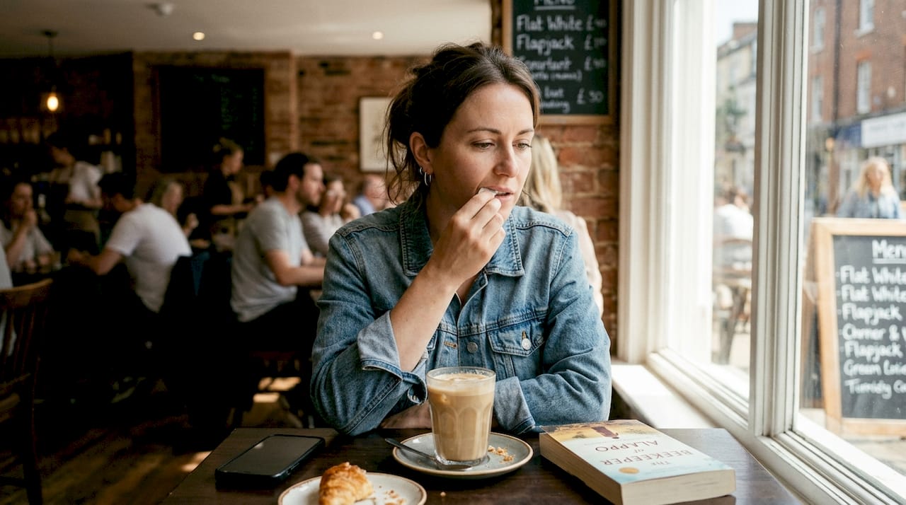 Woman using nicotine pouch in busy café setting