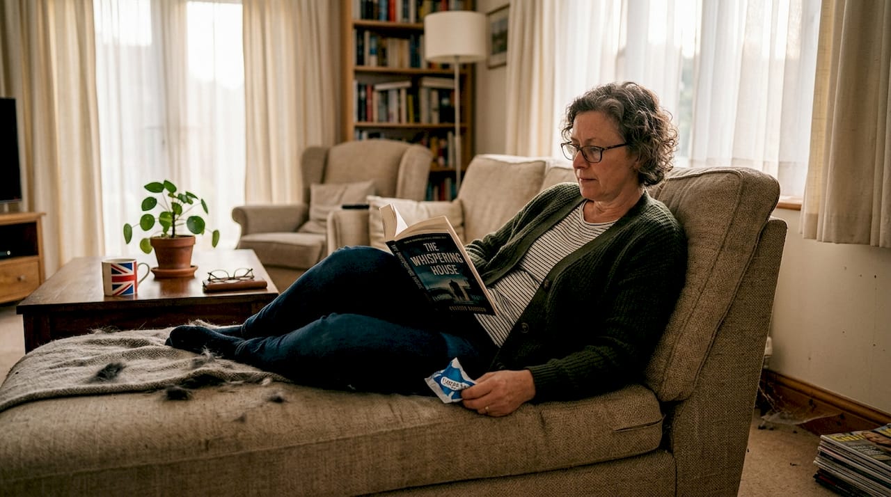 Woman reading with nicotine pouch wrapper nearby