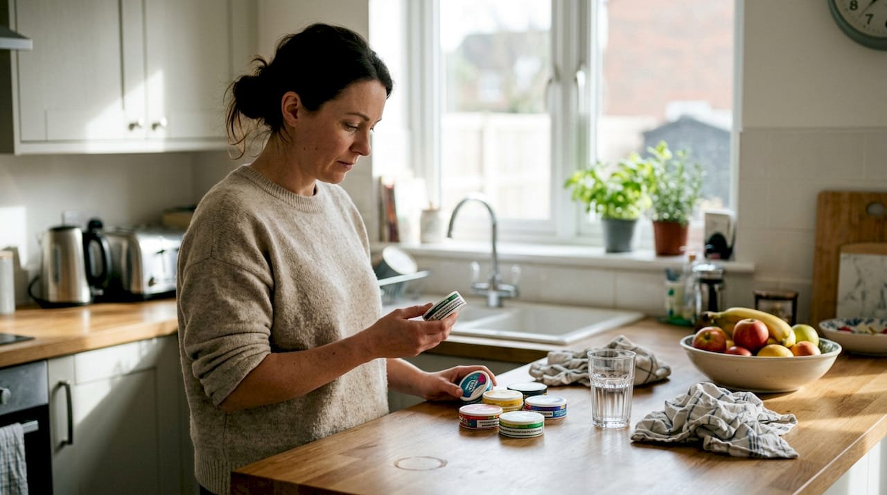 Woman chooses mild nicotine pouch in kitchen