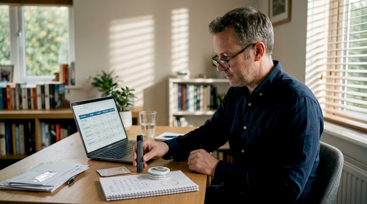 Man compares nicotine products on home desk