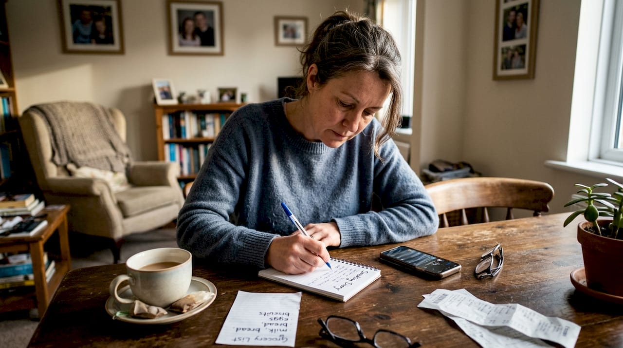 Woman writing in smoking diary at kitchen table
