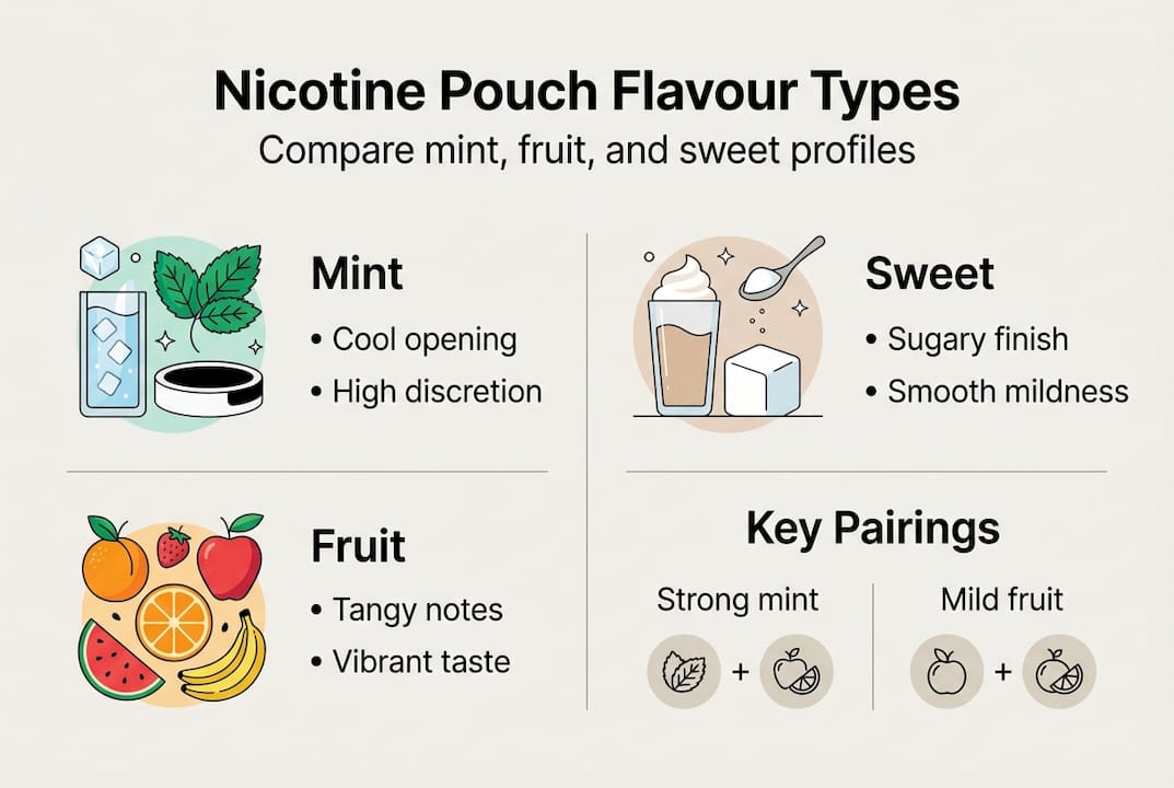 Nicotine pouch flavours infographic with mint fruit sweet