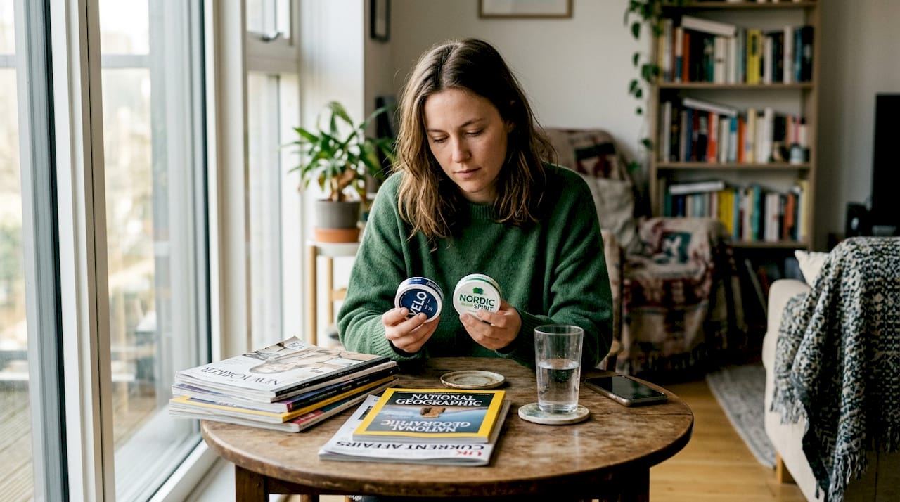 Woman comparing nicotine pouch strengths at home