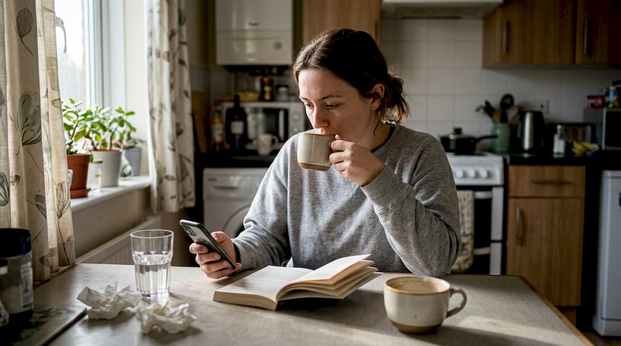Woman timing nicotine pouch use kitchen