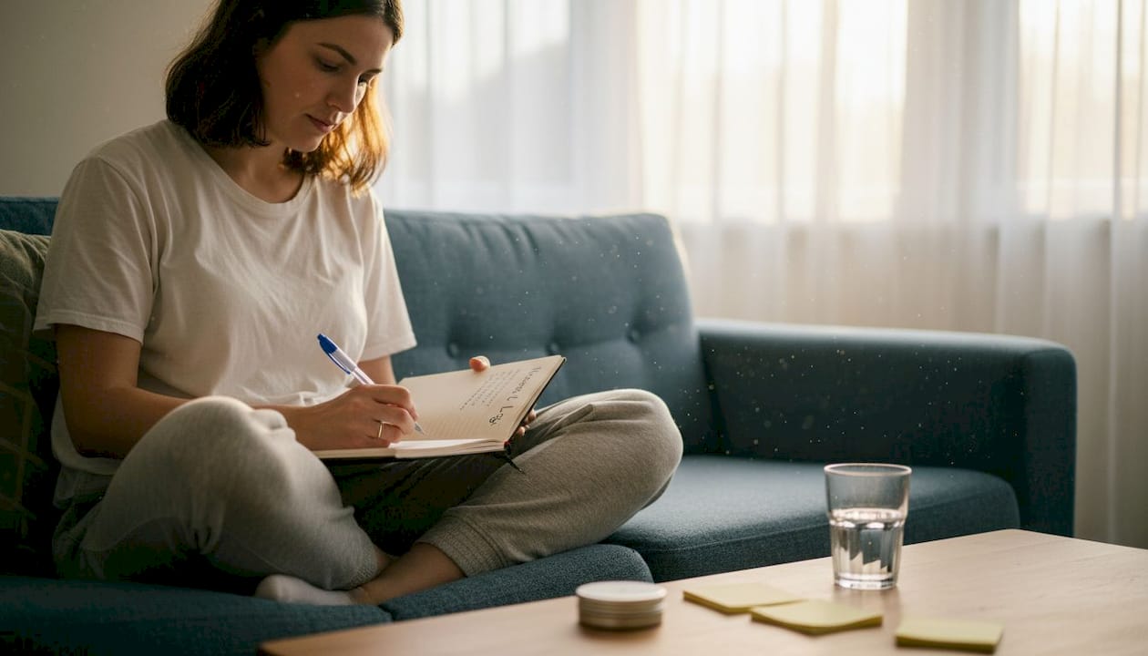 Woman logging nicotine use in notebook on couch