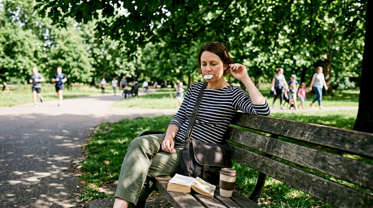 Woman placing nicotine pouch on park bench