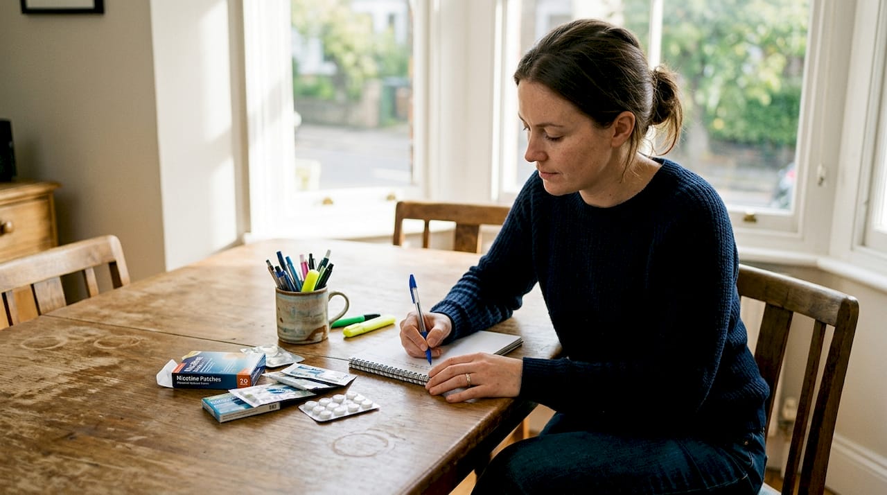 Woman comparing nicotine gum and patches