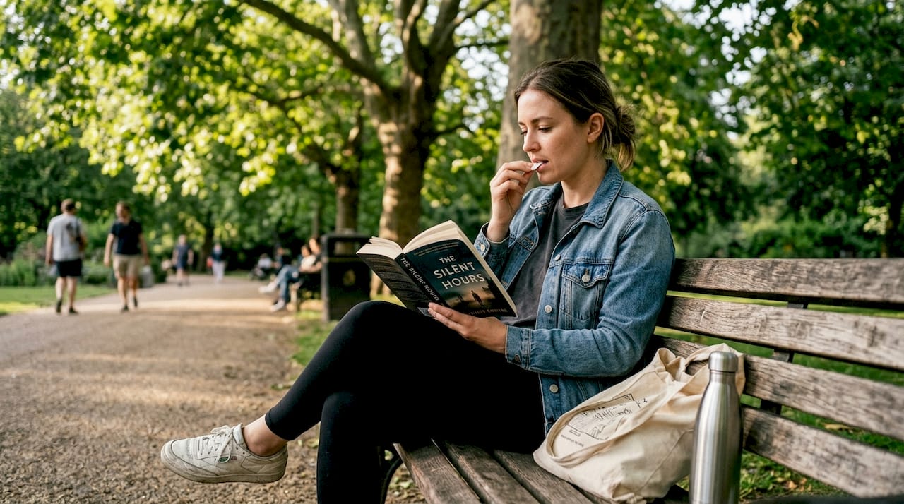 Woman using nicotine pouch outdoors