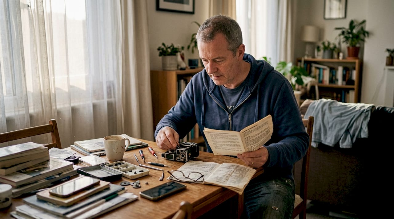 Man assembling vaping device at table