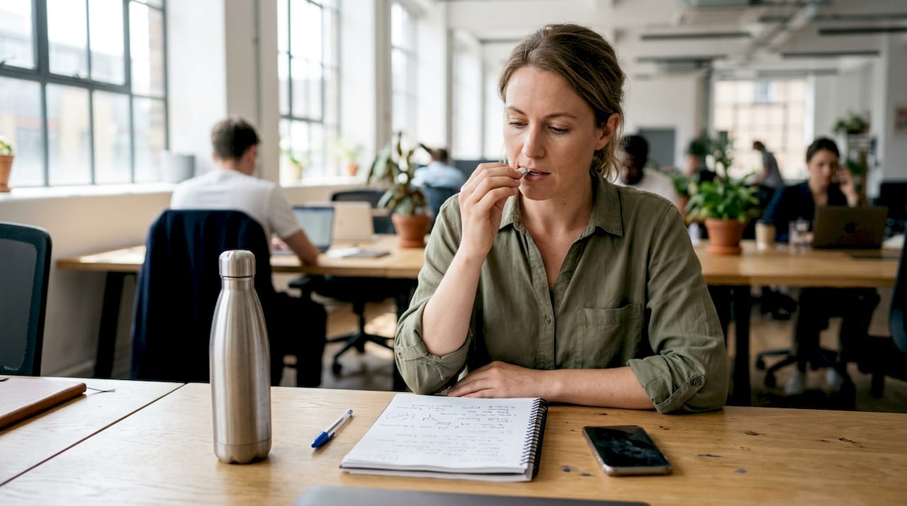 Woman discreetly using nicotine pouch at work