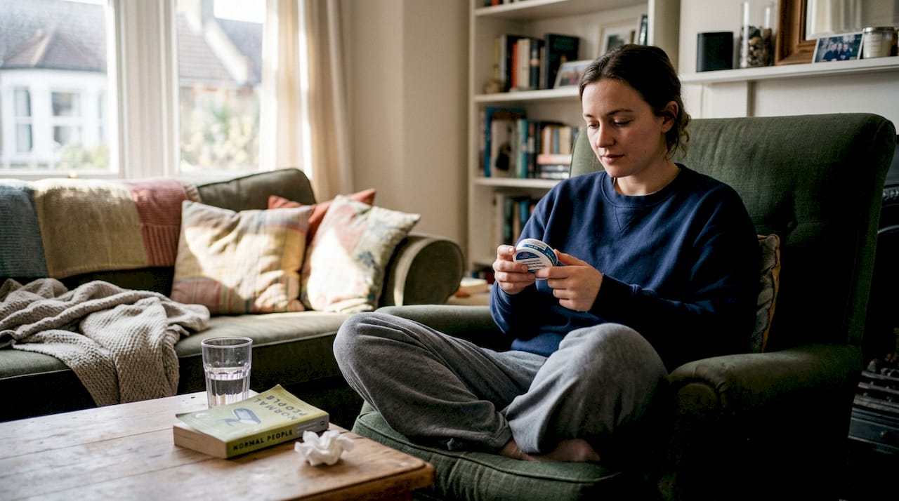 Woman reviews nicotine pouch instructions in living room