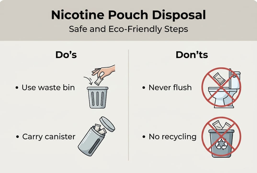 Infographic showing safe nicotine pouch disposal steps