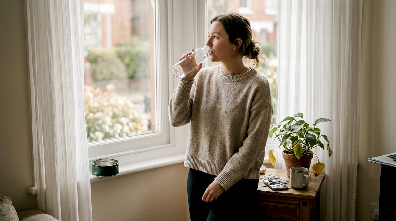 Woman hydrating after nicotine pouch use