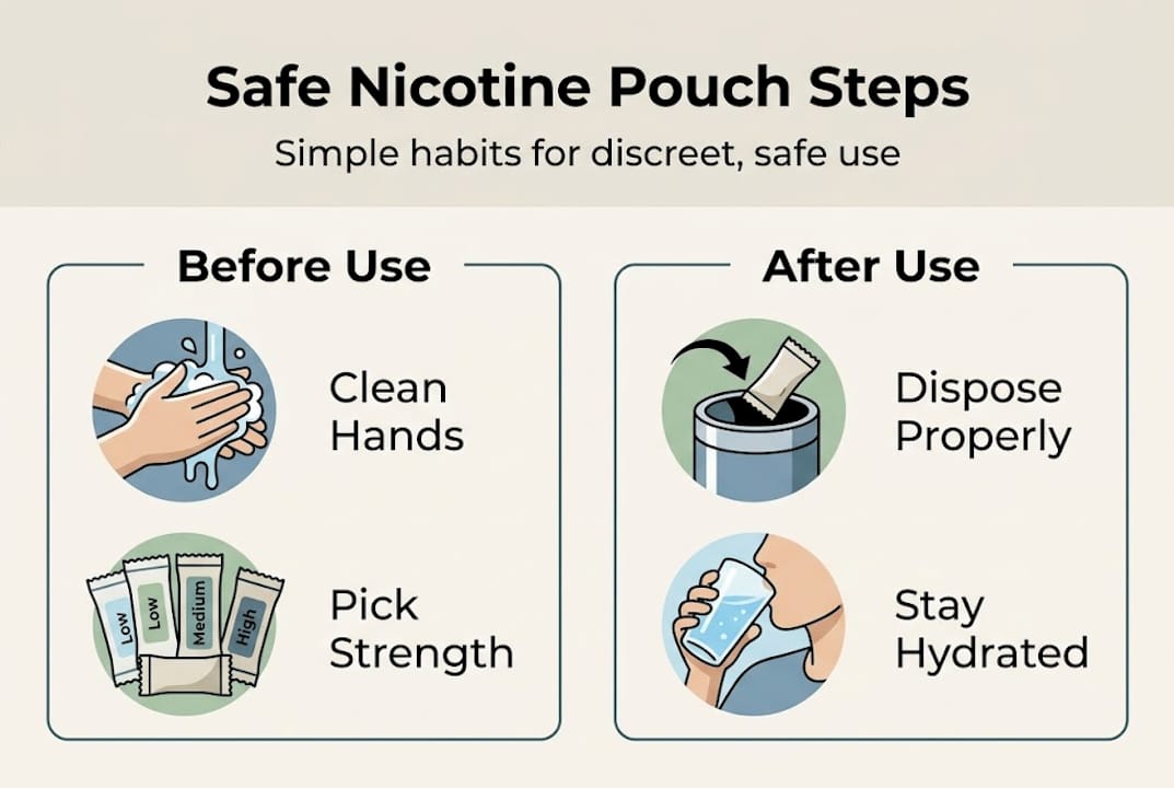 Infographic showing safe nicotine pouch steps