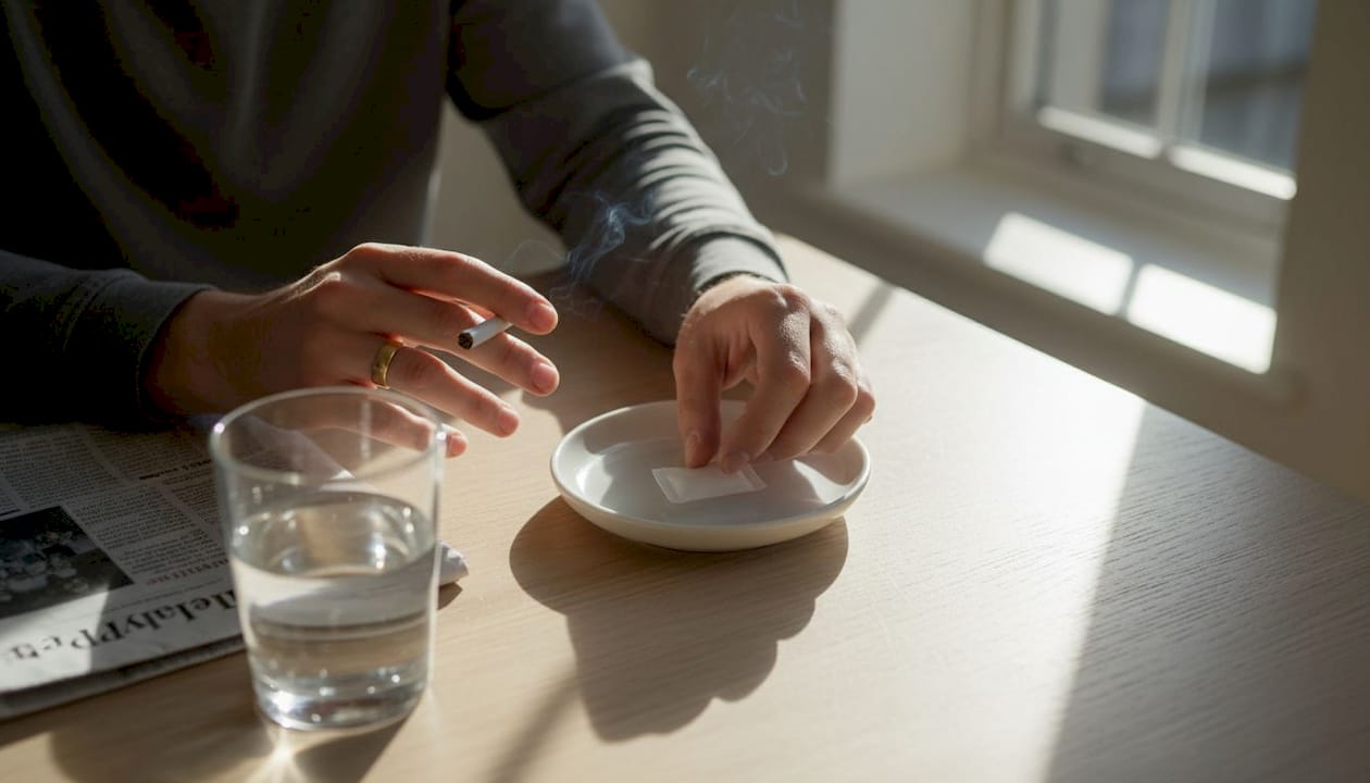 Hands comparing cigarette and nicotine pouch