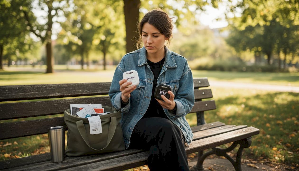 Woman choosing between nicotine pouch brands