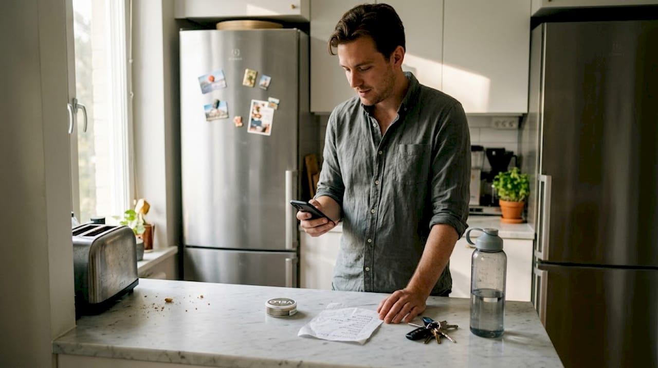 Man prepares nicotine pouches in kitchen