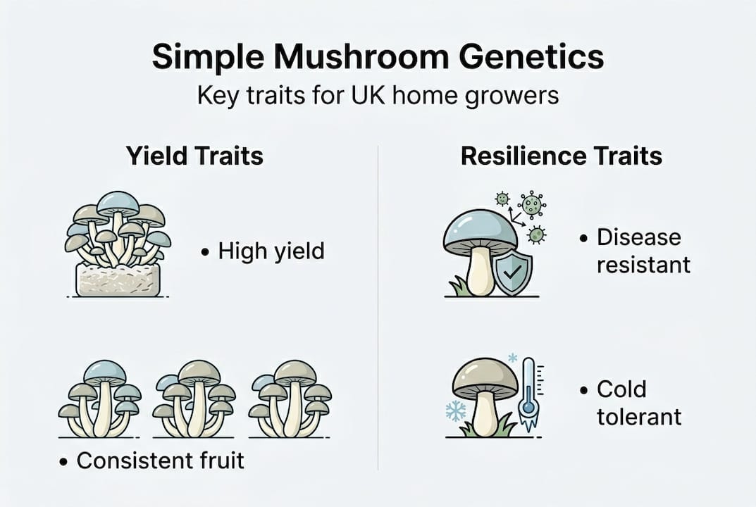 Infographic showing simple mushroom genetics traits