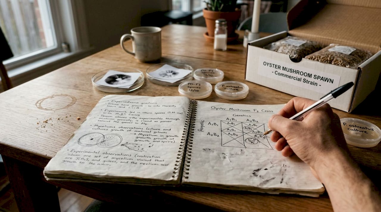 Notebook sketching mushroom genetics diagram