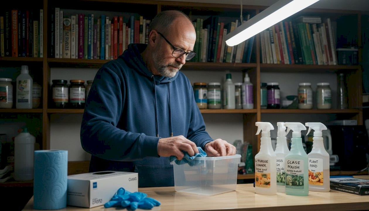 Man wiping plastic container in utility room