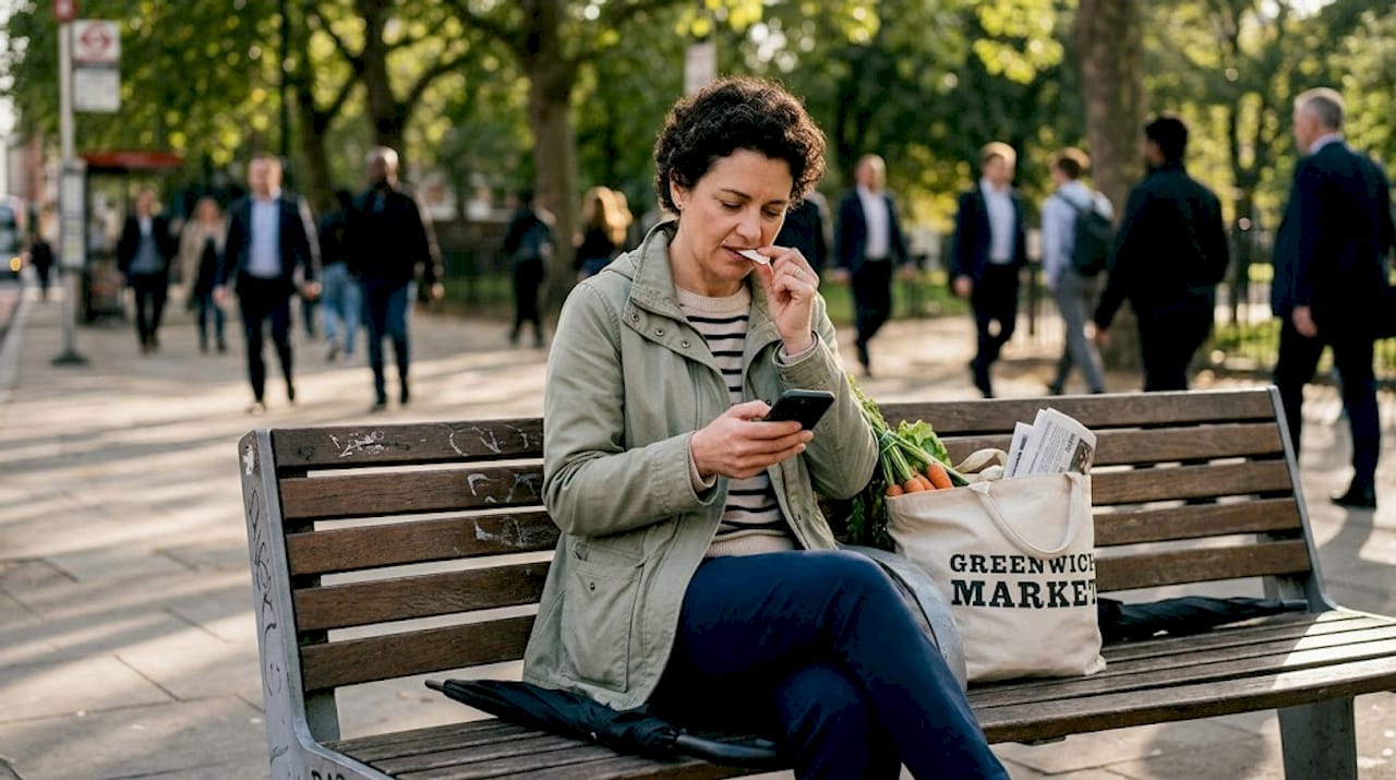 Woman discreetly using pouch at city park