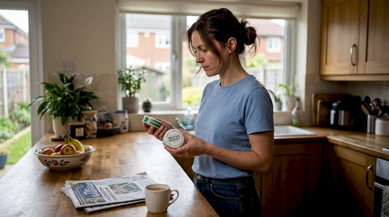 Woman comparing nicotine pouch options in kitchen