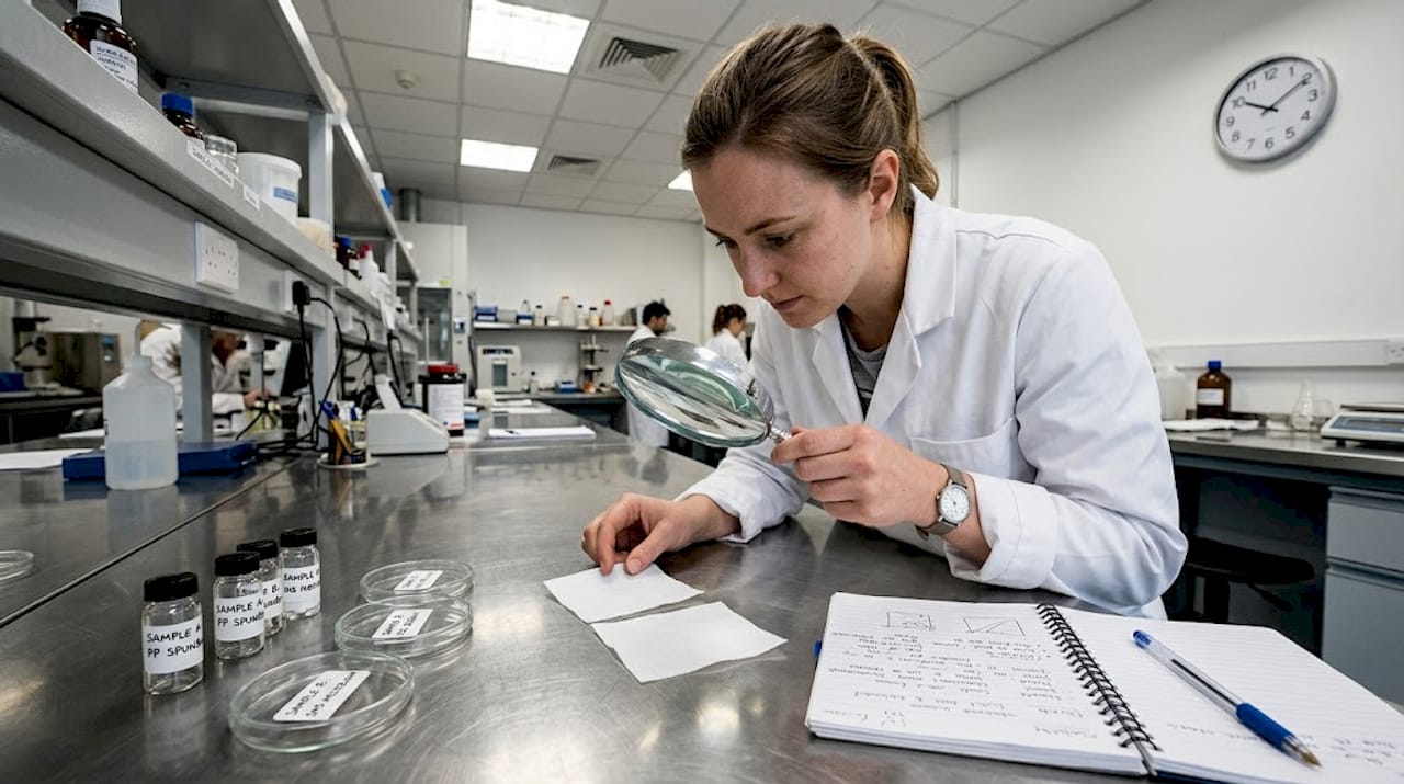 Technician comparing nonwoven fabric samples
