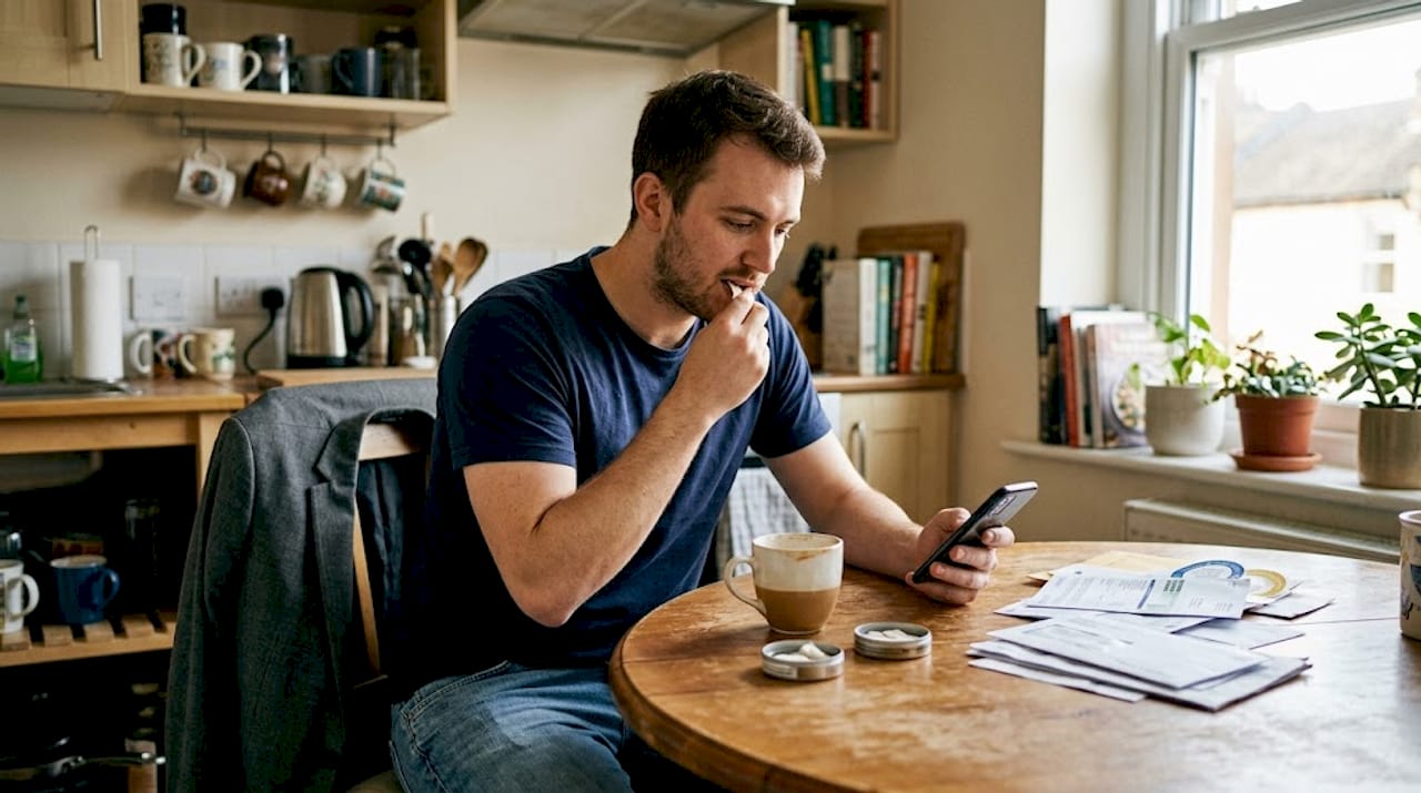 Person using slim nicotine pouch at home
