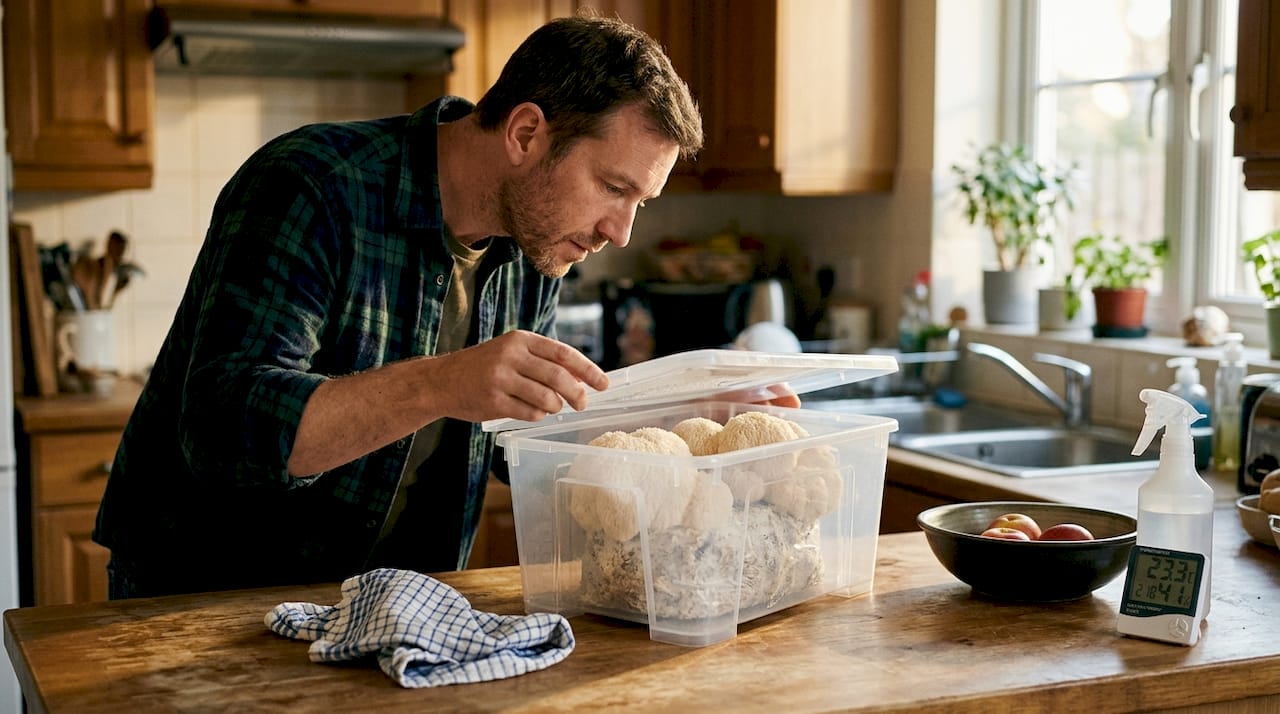 Lion's Mane mushroom growing in kitchen