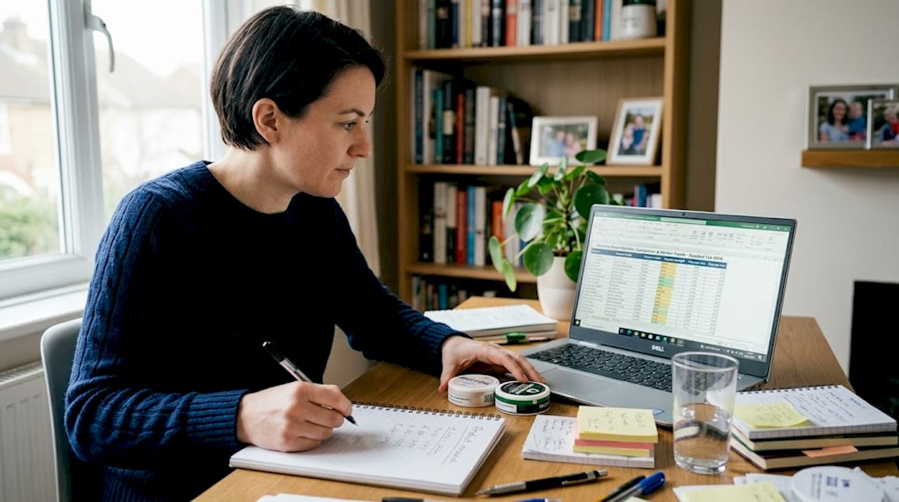 Woman comparing nicotine pouch tins at desk