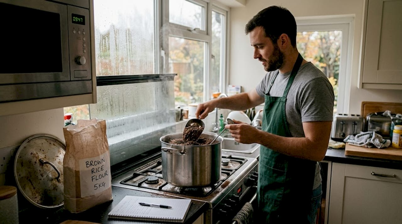 Person sterilizing mushroom substrate in home kitchen
